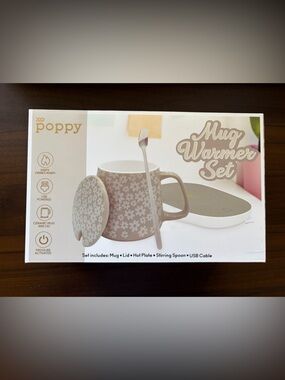xo poppy Beige Floral Mug Warmer Set with Heated USB Base